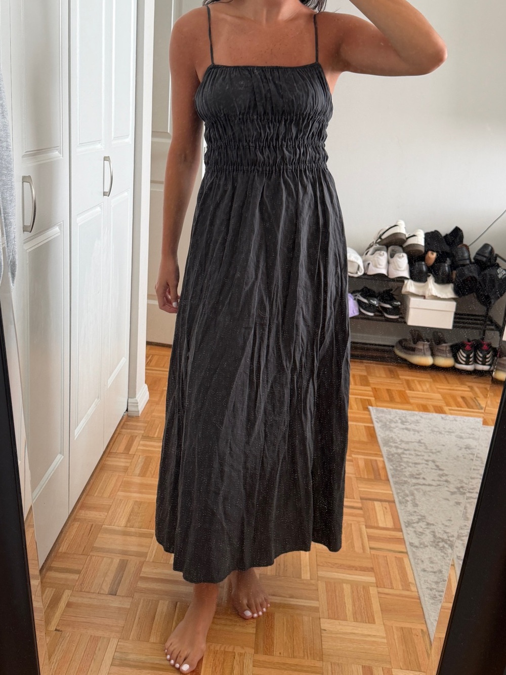 Zara Charcoal Gray Smocked Midi Dress